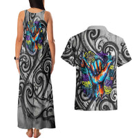 Chur Bro Shaka Sign Couples Matching Tank Maxi Dress and Hawaiian Shirt New Zealand Koru Colorful Graffiti Splash