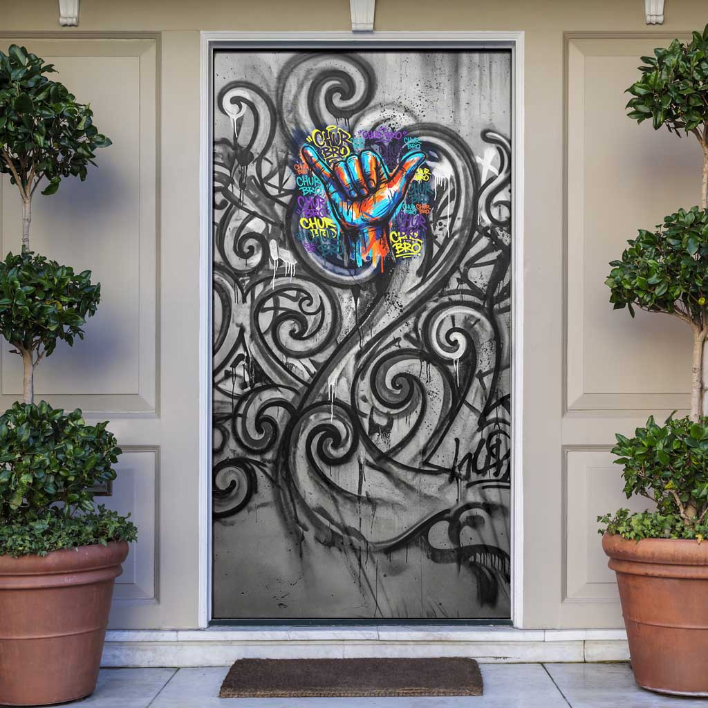 Chur Bro Shaka Sign Door Cover New Zealand Koru Colorful Graffiti Splash