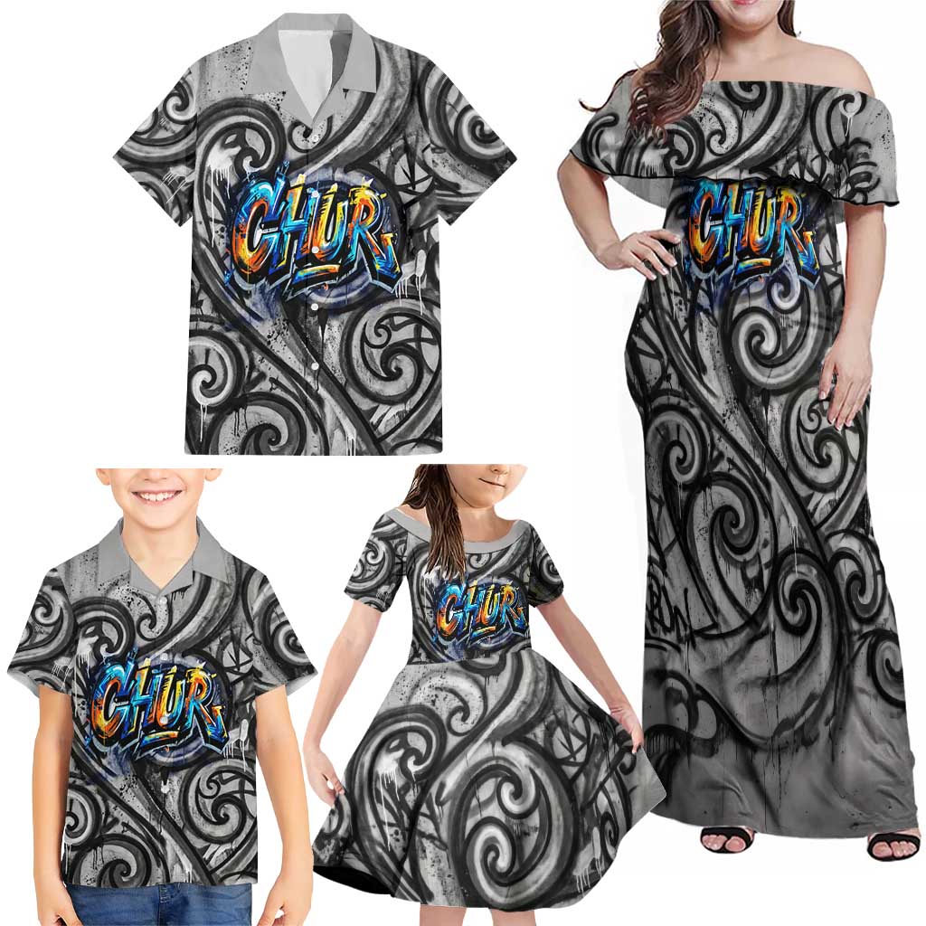 Chur Bro Shaka Sign Family Matching Off Shoulder Maxi Dress and Hawaiian Shirt New Zealand Koru Colorful Graffiti Splash TS04 - Polynesian Pride