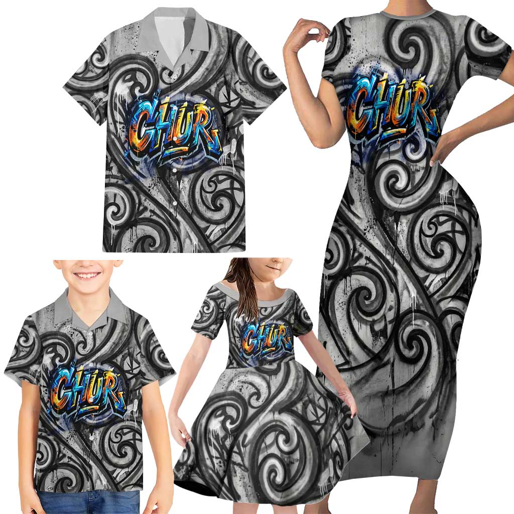 Chur Bro Shaka Sign Family Matching Short Sleeve Bodycon Dress and Hawaiian Shirt New Zealand Koru Colorful Graffiti Splash TS04 - Polynesian Pride