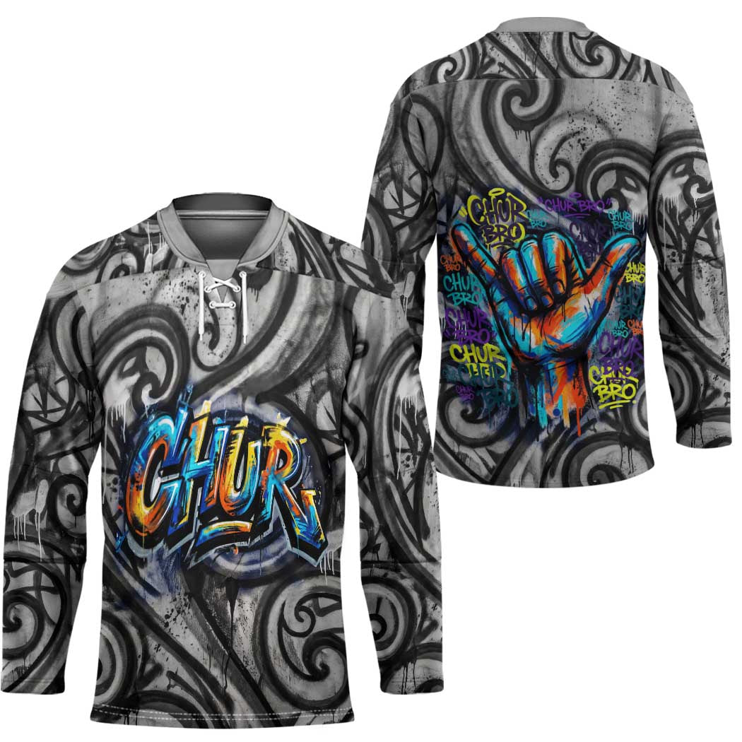 Chur Bro Shaka Sign Hockey Jersey New Zealand Koru Colorful Graffiti Splash