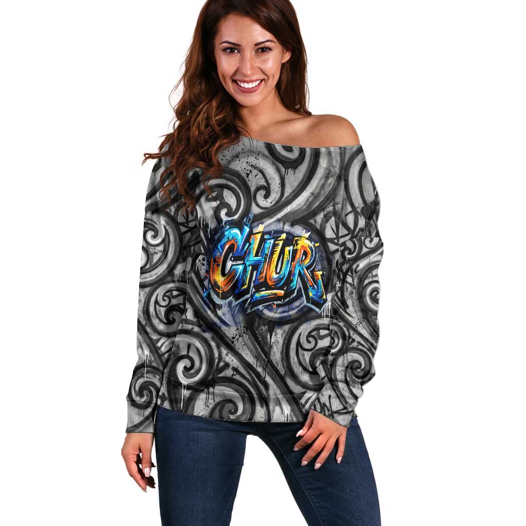 Chur Bro Shaka Sign Off Shoulder Sweater New Zealand Koru Colorful Graffiti Splash
