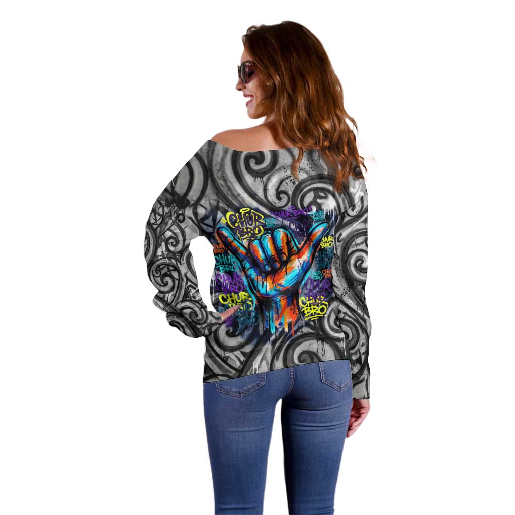 Chur Bro Shaka Sign Off Shoulder Sweater New Zealand Koru Colorful Graffiti Splash