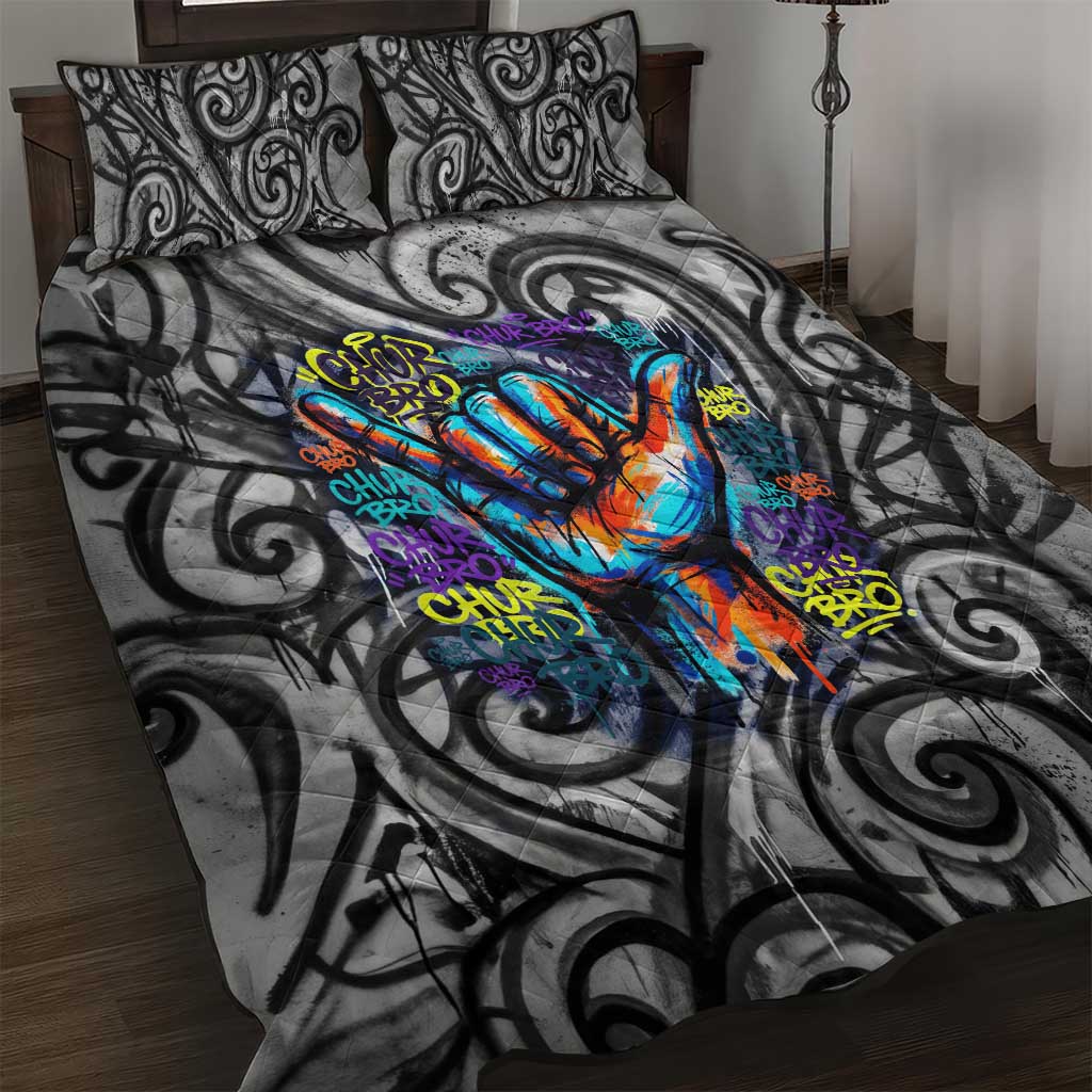 Chur Bro Shaka Sign Quilt Bed Set New Zealand Koru Colorful Graffiti Splash