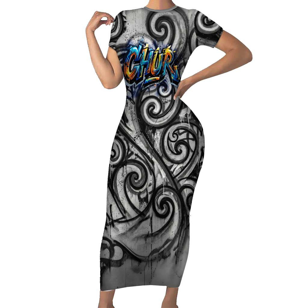 Chur Bro Shaka Sign Short Sleeve Bodycon Dress New Zealand Koru Colorful Graffiti Splash