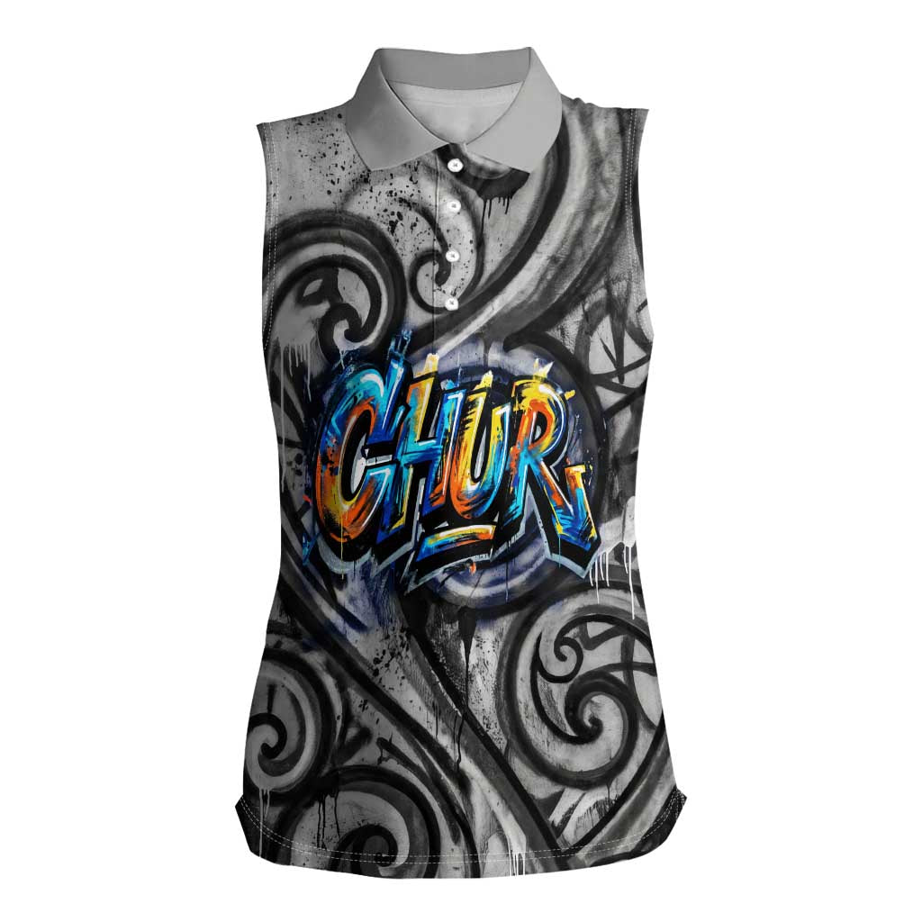 Chur Bro Shaka Sign Women Sleeveless Polo Shirt New Zealand Koru Colorful Graffiti Splash