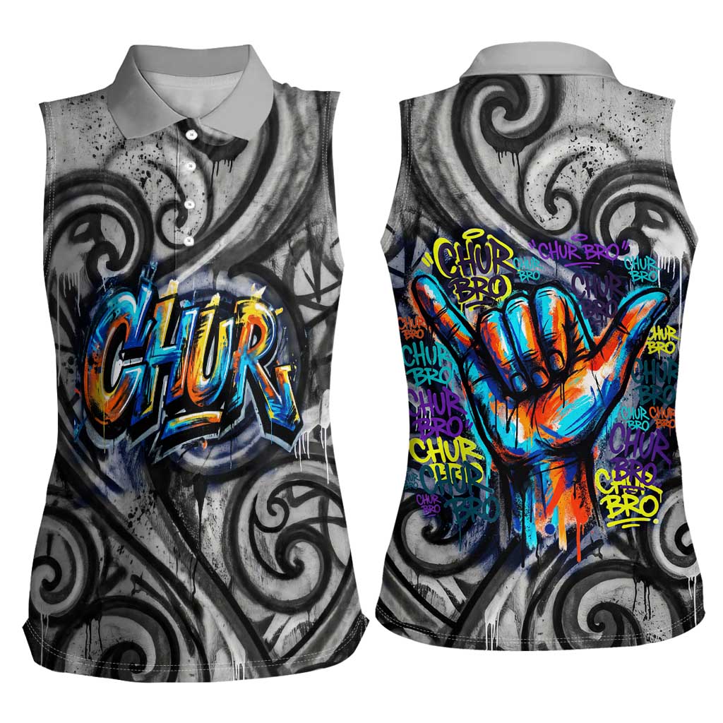 Chur Bro Shaka Sign Women Sleeveless Polo Shirt New Zealand Koru Colorful Graffiti Splash