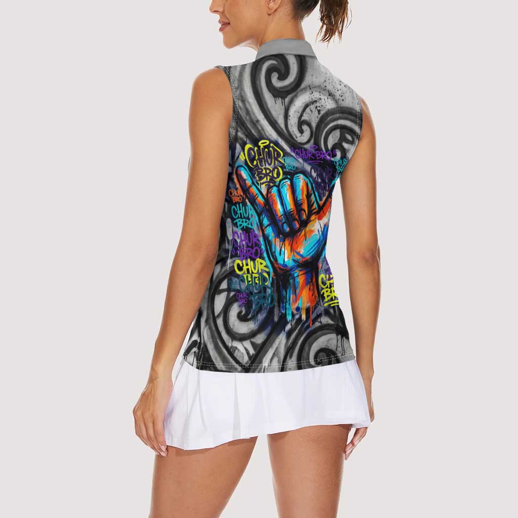 Chur Bro Shaka Sign Women Sleeveless Polo Shirt New Zealand Koru Colorful Graffiti Splash