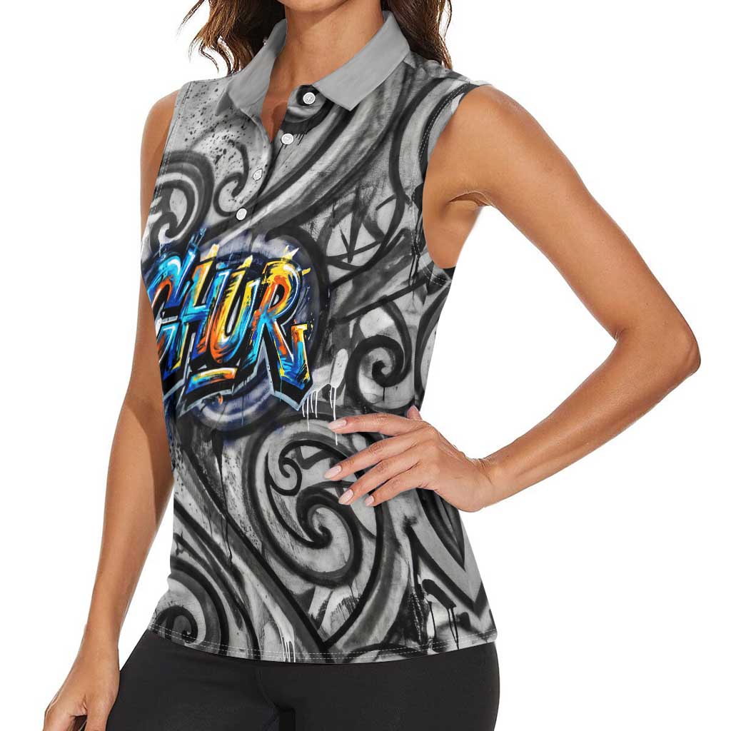 Chur Bro Shaka Sign Women Sleeveless Polo Shirt New Zealand Koru Colorful Graffiti Splash