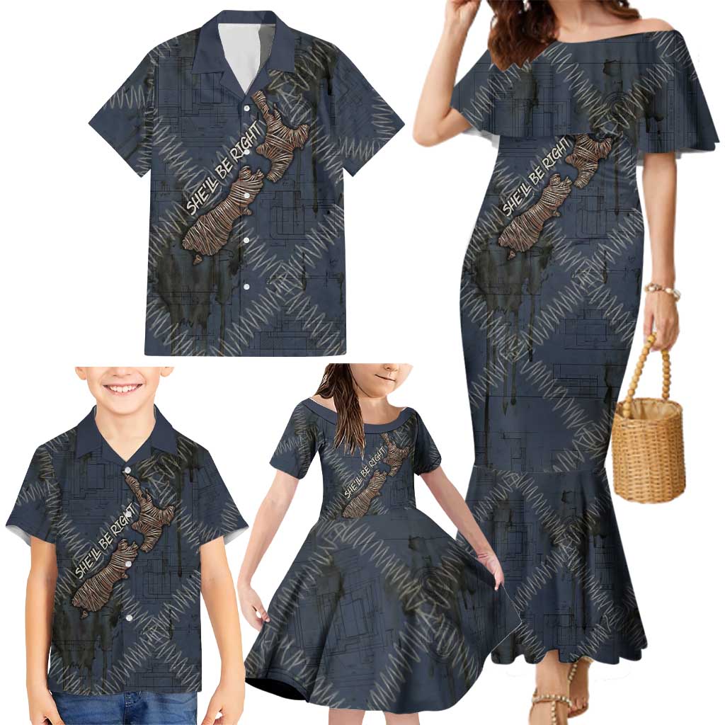 New Zealand She’ll Be Right Family Matching Mermaid Dress and Hawaiian Shirt NZ Slang No. 8 Wire Map Pattern