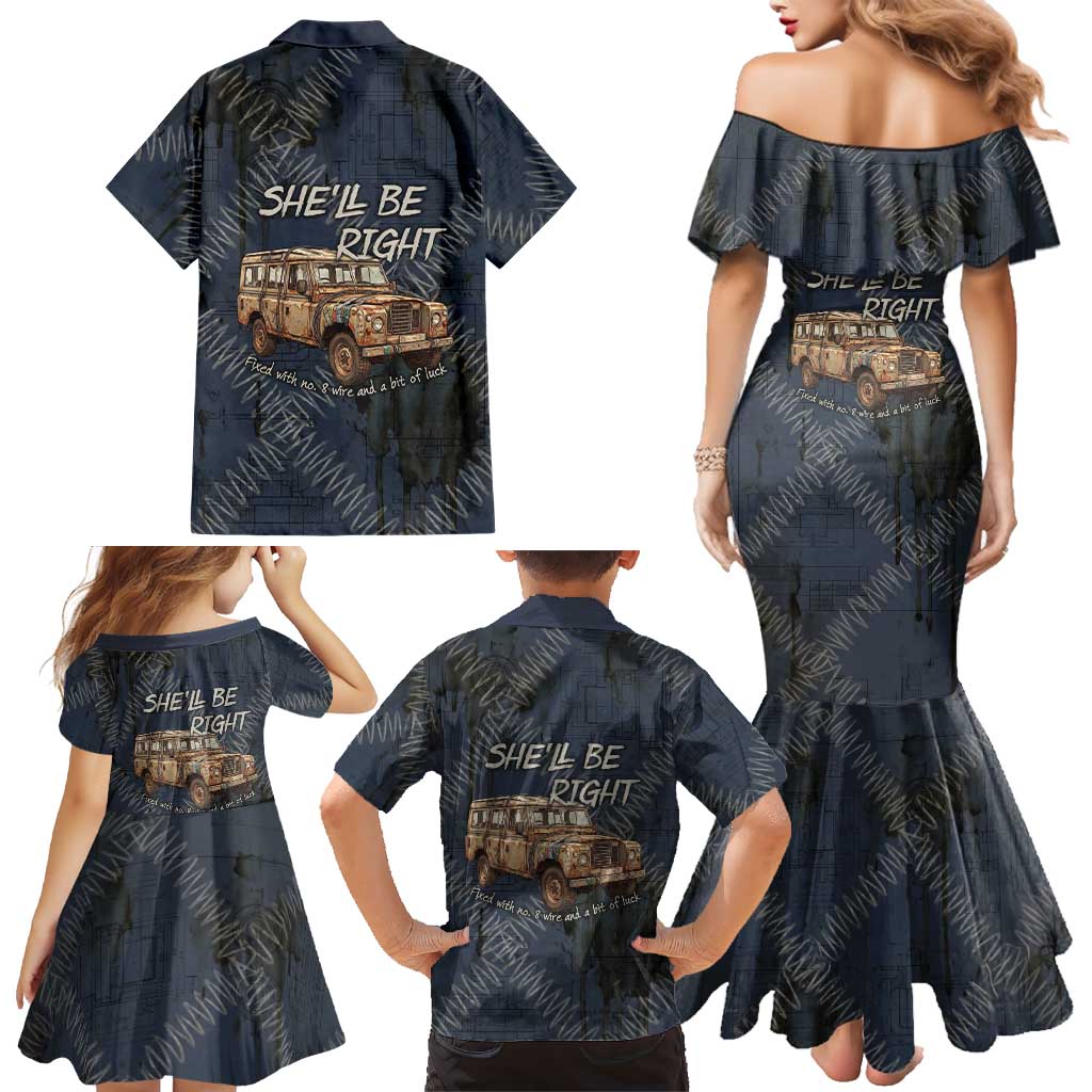 New Zealand She’ll Be Right Family Matching Mermaid Dress and Hawaiian Shirt NZ Slang No. 8 Wire Map Pattern