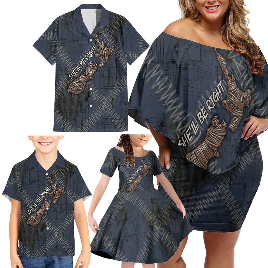 New Zealand She’ll Be Right Family Matching Off Shoulder Short Dress and Hawaiian Shirt NZ Slang No. 8 Wire Map Pattern TS04 - Polynesian Pride