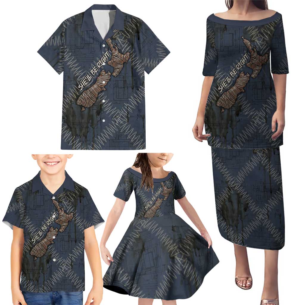 New Zealand She’ll Be Right Family Matching Puletasi and Hawaiian Shirt NZ Slang No. 8 Wire Map Pattern TS04 - Polynesian Pride