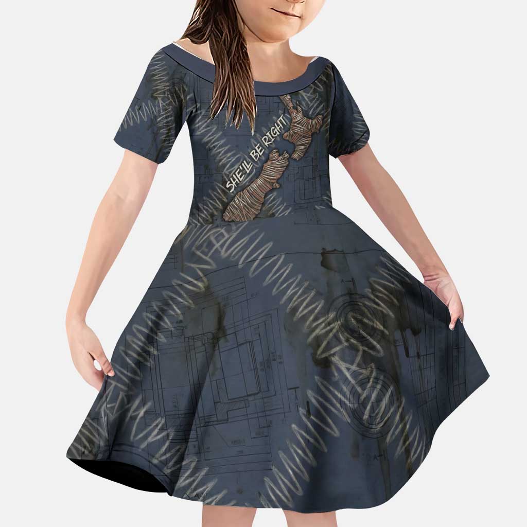 New Zealand She’ll Be Right Family Matching Short Sleeve Bodycon Dress and Hawaiian Shirt NZ Slang No. 8 Wire Map Pattern