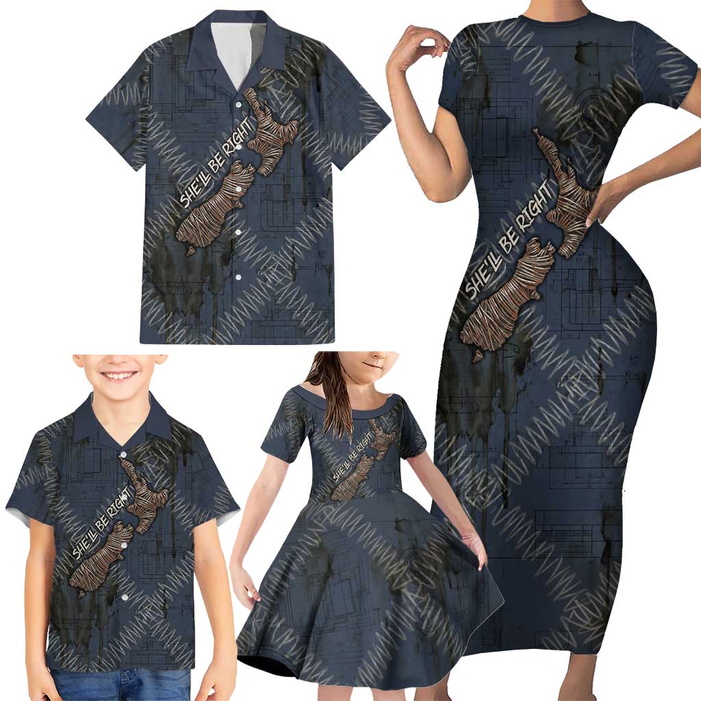 New Zealand She’ll Be Right Family Matching Short Sleeve Bodycon Dress and Hawaiian Shirt NZ Slang No. 8 Wire Map Pattern