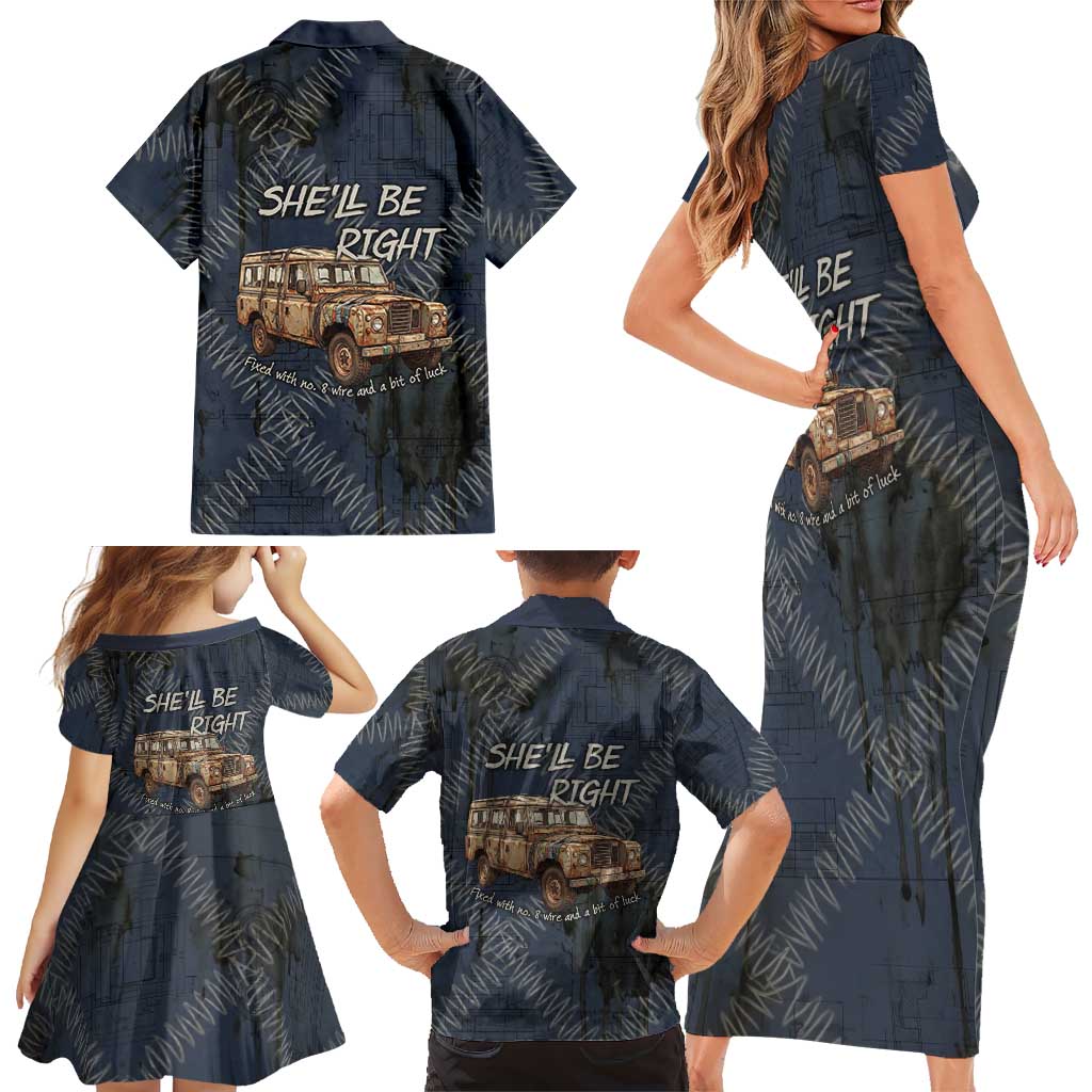 New Zealand She’ll Be Right Family Matching Short Sleeve Bodycon Dress and Hawaiian Shirt NZ Slang No. 8 Wire Map Pattern