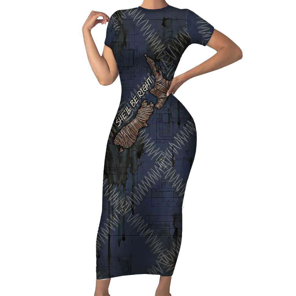 New Zealand She’ll Be Right Family Matching Short Sleeve Bodycon Dress and Hawaiian Shirt NZ Slang No. 8 Wire Map Pattern