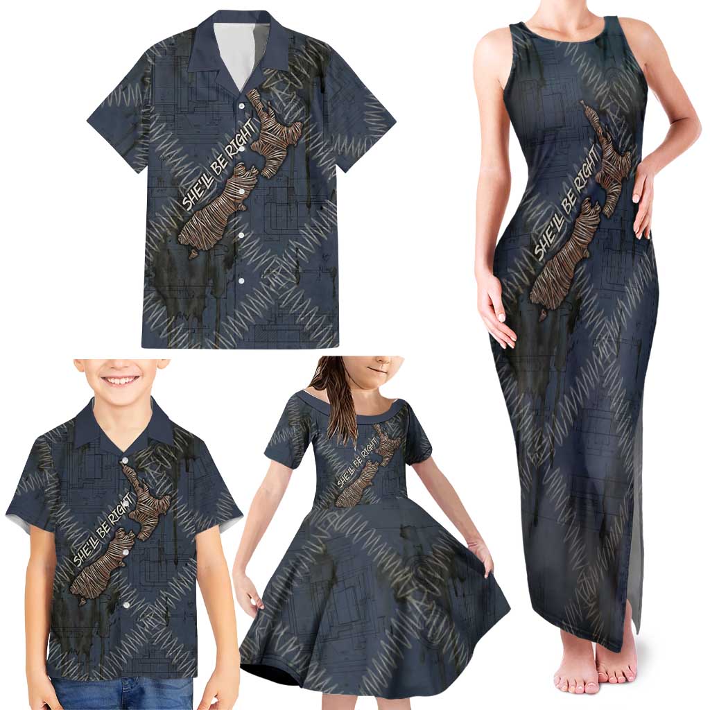 New Zealand She’ll Be Right Family Matching Tank Maxi Dress and Hawaiian Shirt NZ Slang No. 8 Wire Map Pattern