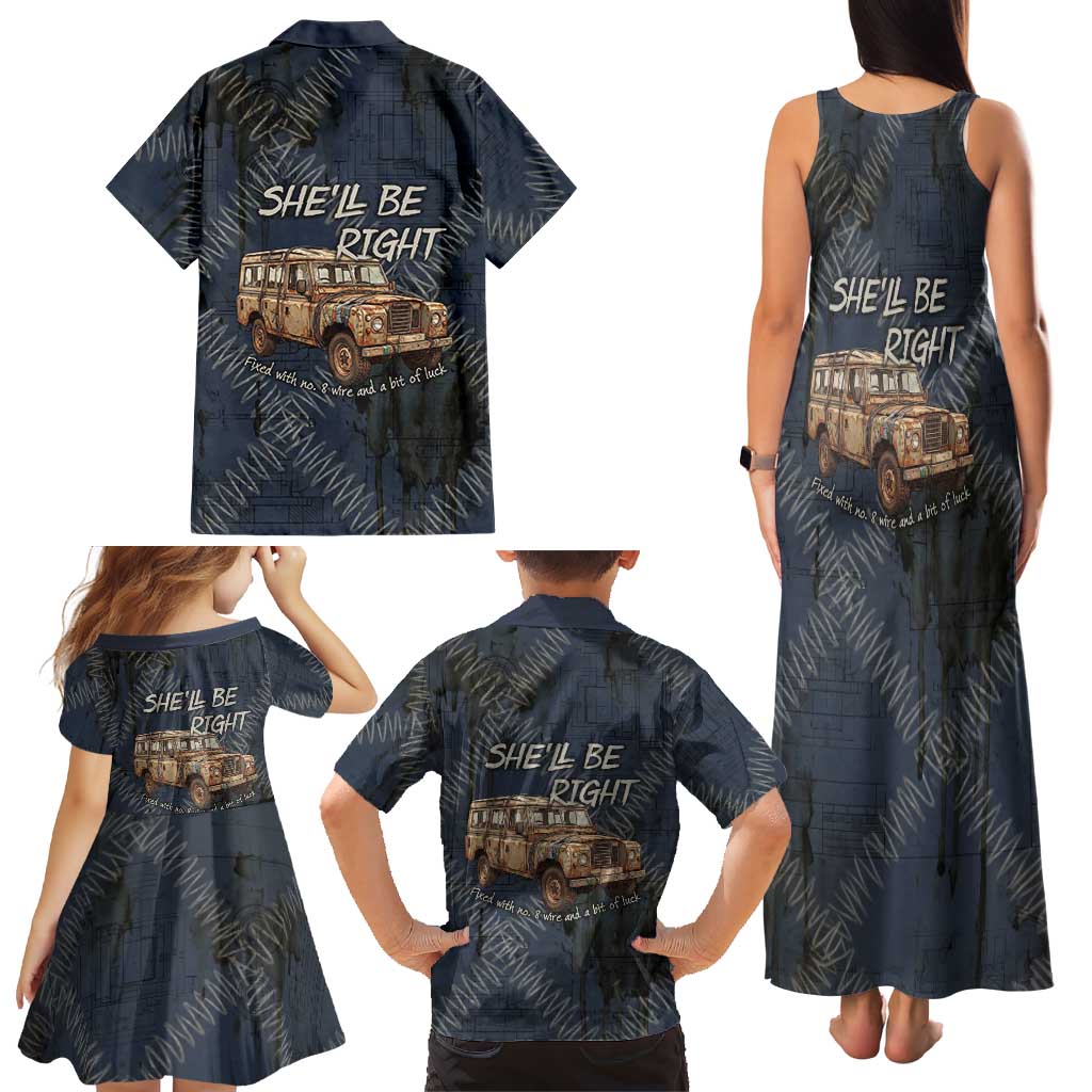 New Zealand She’ll Be Right Family Matching Tank Maxi Dress and Hawaiian Shirt NZ Slang No. 8 Wire Map Pattern