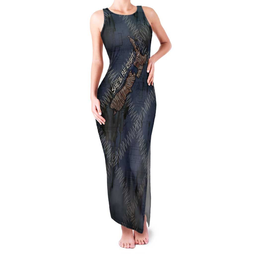 New Zealand She’ll Be Right Family Matching Tank Maxi Dress and Hawaiian Shirt NZ Slang No. 8 Wire Map Pattern