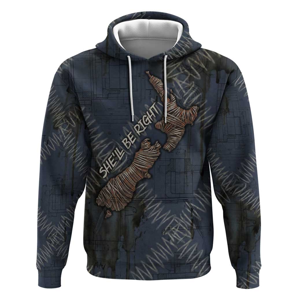 New Zealand She’ll Be Right Hoodie NZ Slang No. 8 Wire Map Pattern TS04 Pullover Hoodie Navy Slate - Polynesian Pride