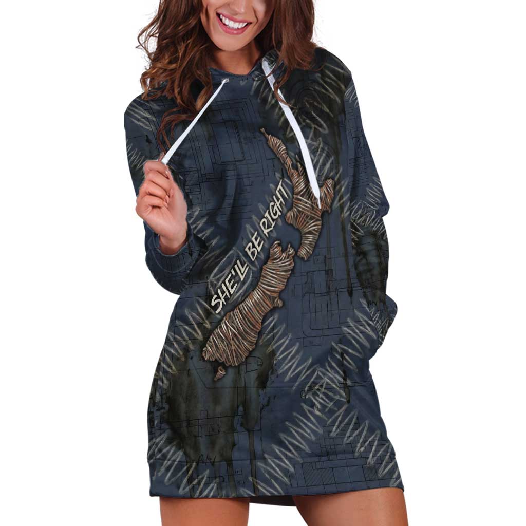 New Zealand She’ll Be Right Hoodie Dress NZ Slang No. 8 Wire Map Pattern TS04 Navy Slate - Polynesian Pride