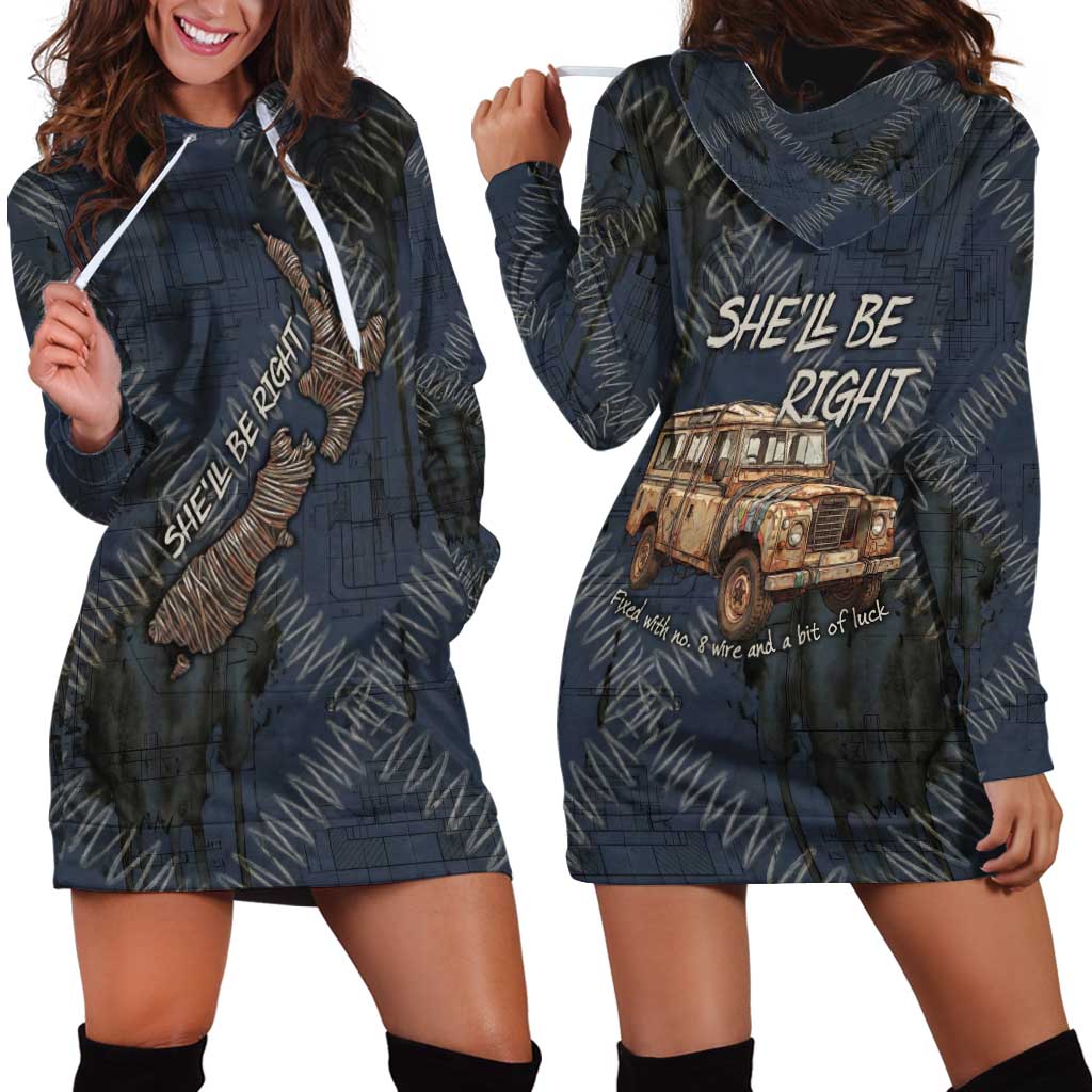 New Zealand She’ll Be Right Hoodie Dress NZ Slang No. 8 Wire Map Pattern TS04 - Polynesian Pride
