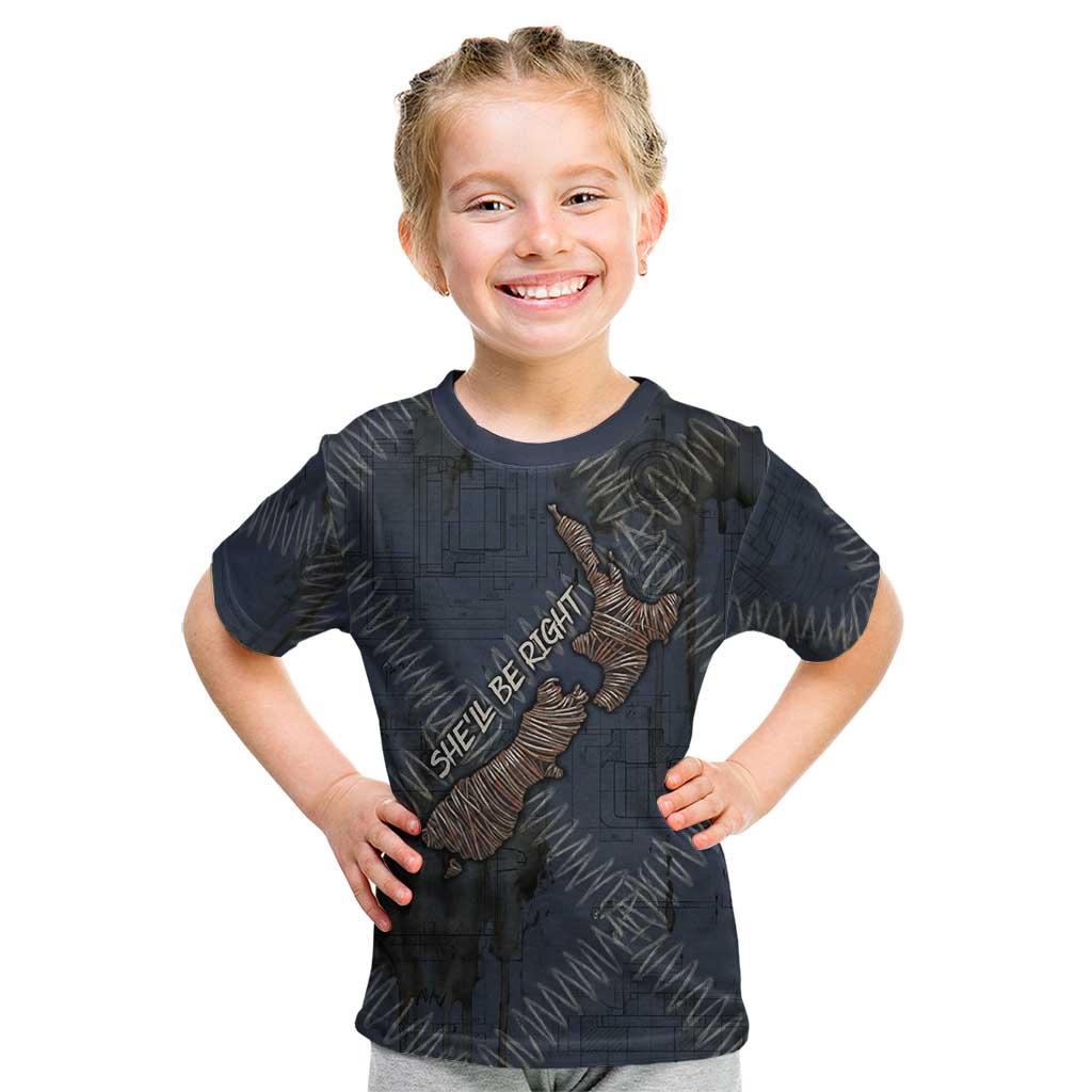 New Zealand She’ll Be Right Kid T Shirt NZ Slang No. 8 Wire Map Pattern