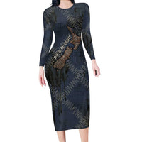 New Zealand She’ll Be Right Long Sleeve Bodycon Dress NZ Slang No. 8 Wire Map Pattern TS04 Long Dress Navy Slate - Polynesian Pride