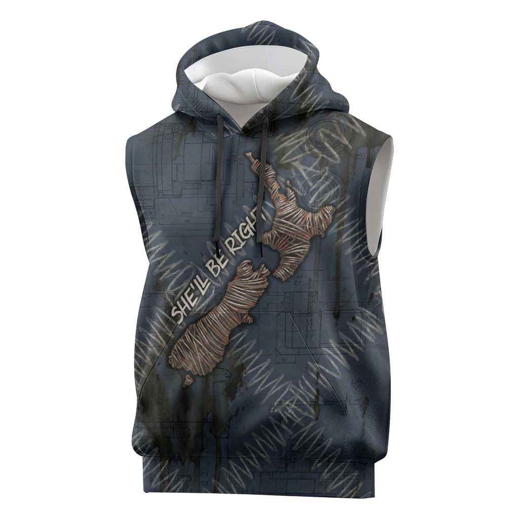 New Zealand She’ll Be Right Sleeveless Hoodie NZ Slang No. 8 Wire Map Pattern TS04 Navy Slate - Polynesian Pride
