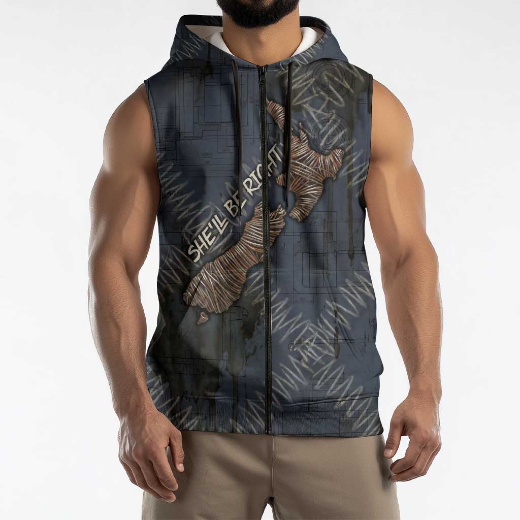 New Zealand She’ll Be Right Sleeveless Zip Hoodie NZ Slang No. 8 Wire Map Pattern TS04 - Polynesian Pride