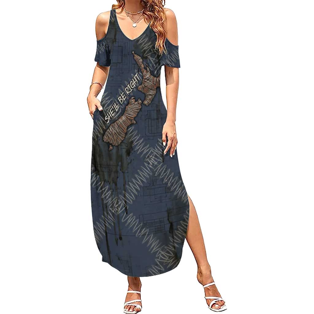 New Zealand She’ll Be Right Summer Maxi Dress NZ Slang No. 8 Wire Map Pattern
