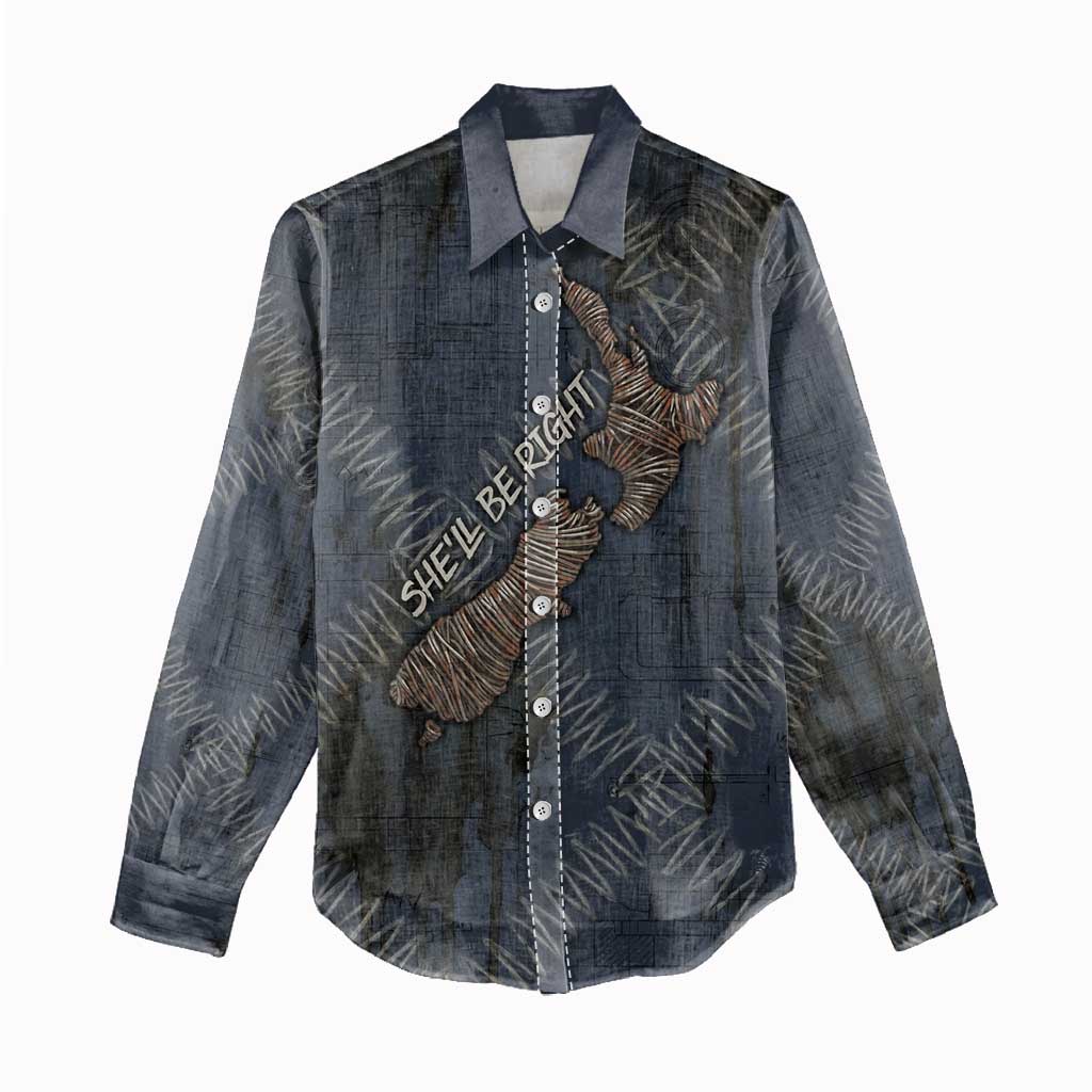 New Zealand She’ll Be Right Women Casual Shirt NZ Slang No. 8 Wire Map Pattern