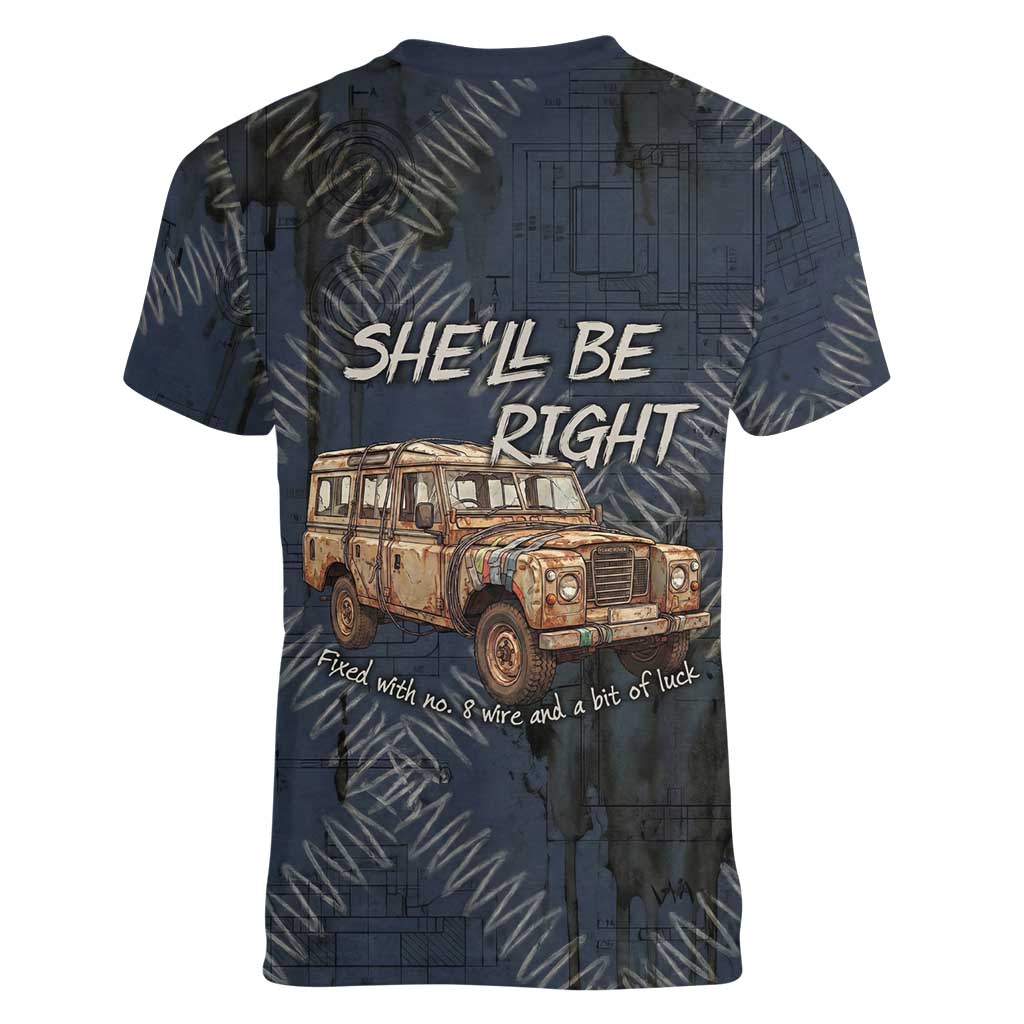 New Zealand She’ll Be Right Women V-Neck T-Shirt NZ Slang No. 8 Wire Map Pattern