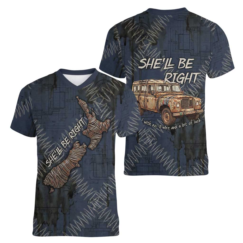 New Zealand She’ll Be Right Women V-Neck T-Shirt NZ Slang No. 8 Wire Map Pattern