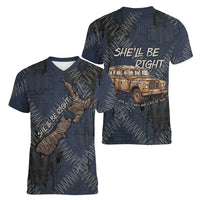 New Zealand She’ll Be Right Women V-Neck T-Shirt NZ Slang No. 8 Wire Map Pattern