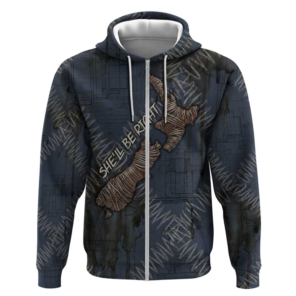 New Zealand She’ll Be Right Zip Hoodie NZ Slang No. 8 Wire Map Pattern TS04 Zip Hoodie Navy Slate - Polynesian Pride