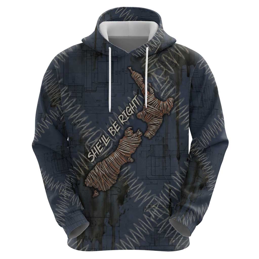 New Zealand She’ll Be Right Zip Hoodie NZ Slang No. 8 Wire Map Pattern TS04 - Polynesian Pride