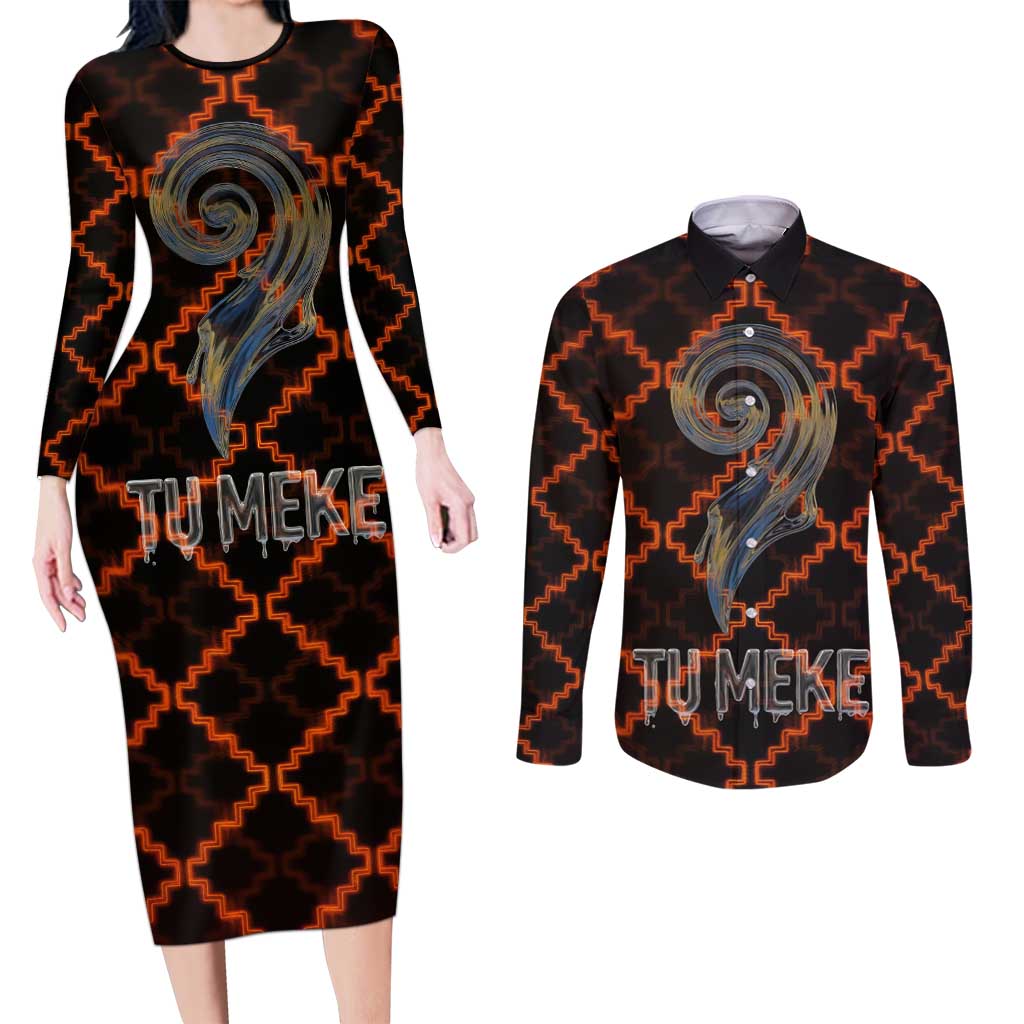 Tu Meke Maori New Zealand Slang Couples Matching Long Sleeve Bodycon Dress and Long Sleeve Button Shirt with Glow Neon Step Style TS04 Black Orange - Polynesian Pride