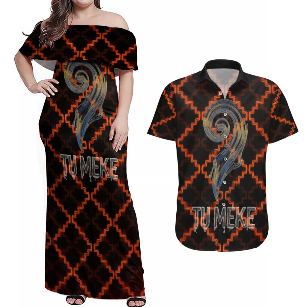 Tu Meke Maori New Zealand Slang Couples Matching Off Shoulder Maxi Dress and Hawaiian Shirt with Glow Neon Step Style
