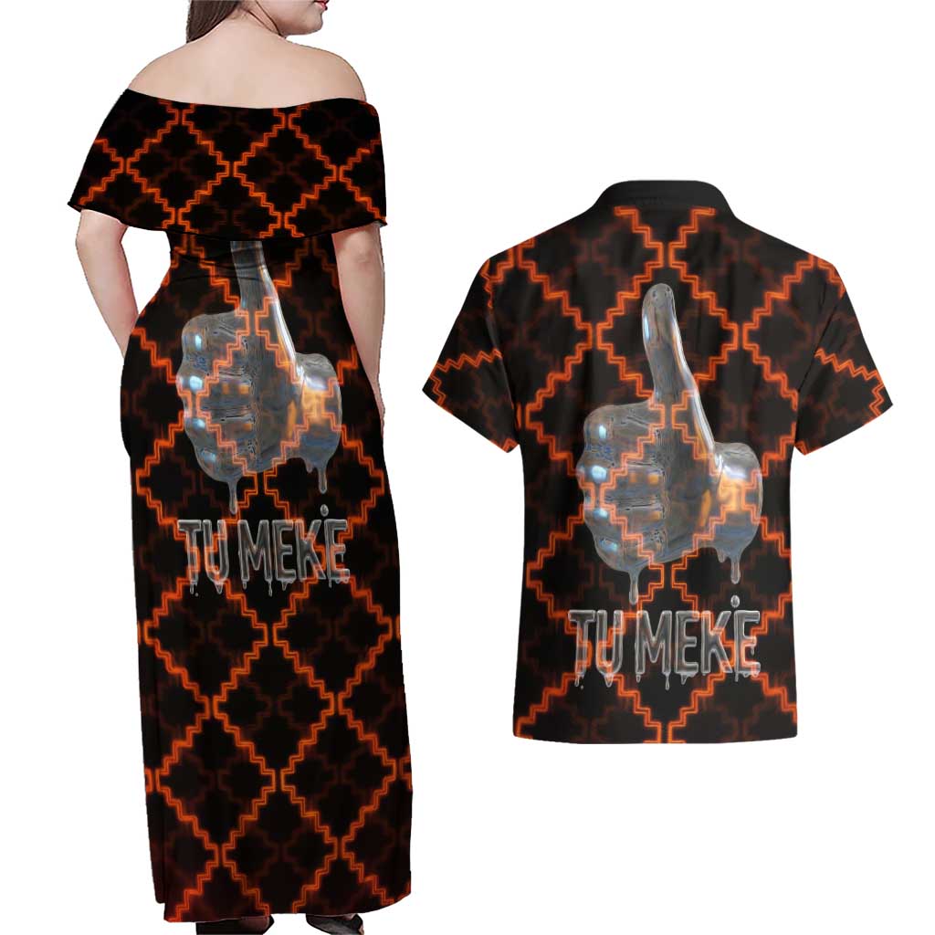 Tu Meke Maori New Zealand Slang Couples Matching Off Shoulder Maxi Dress and Hawaiian Shirt with Glow Neon Step Style