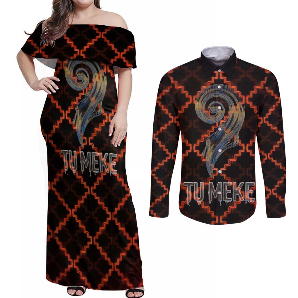 Tu Meke Maori New Zealand Slang Couples Matching Off Shoulder Maxi Dress and Long Sleeve Button Shirt with Glow Neon Step Style TS04 Black Orange - Polynesian Pride