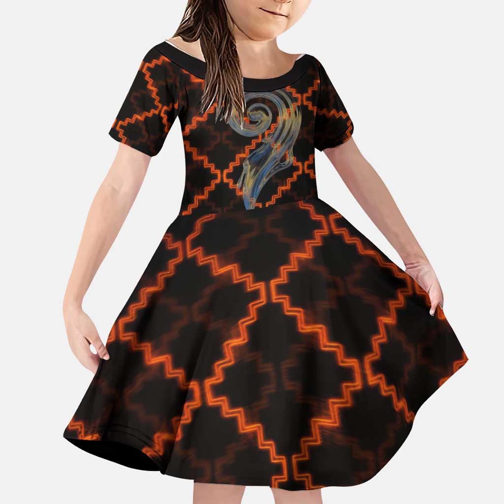 Tu Meke Maori New Zealand Slang Family Matching Long Sleeve Bodycon Dress and Hawaiian Shirt with Glow Neon Step Style TS04 Daughter's Dress Black Orange - Polynesian Pride