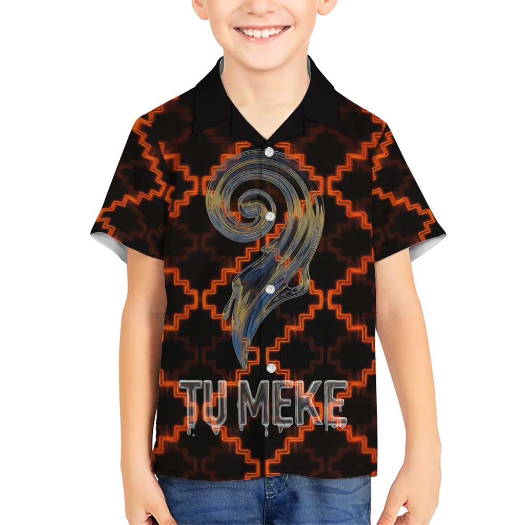 Tu Meke Maori New Zealand Slang Family Matching Off The Shoulder Long Sleeve Dress and Hawaiian Shirt with Glow Neon Step Style TS04 Son's Shirt Black Orange - Polynesian Pride