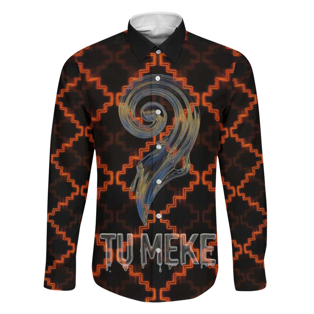 Tu Meke Maori New Zealand Slang Family Matching Off Shoulder Short Dress and Hawaiian Shirt with Glow Neon Step Style TS04 Dad's Shirt - Long Sleeve Black Orange - Polynesian Pride
