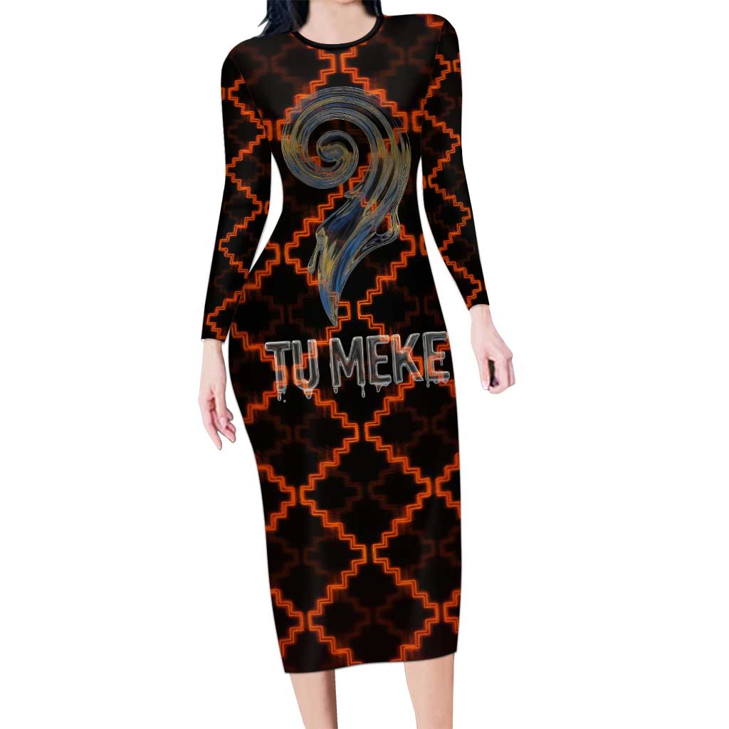 Tu Meke Maori New Zealand Slang Long Sleeve Bodycon Dress with Glow Neon Step Style