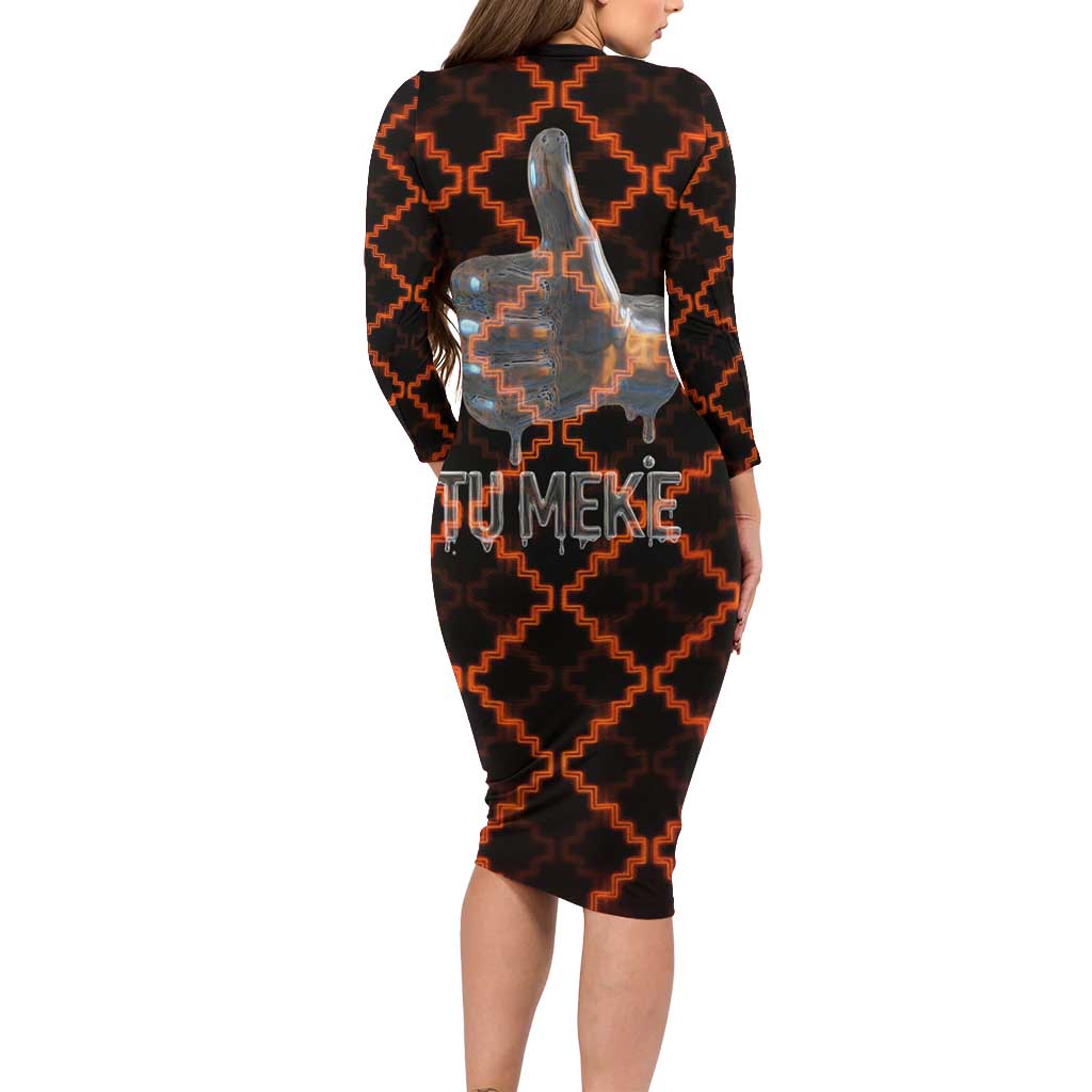 Tu Meke Maori New Zealand Slang Long Sleeve Bodycon Dress with Glow Neon Step Style