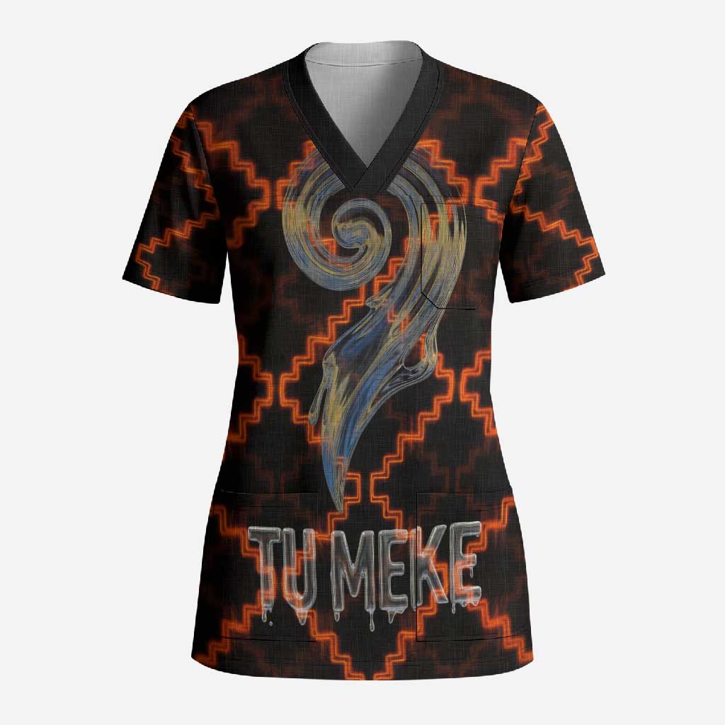 Tu Meke Maori New Zealand Slang Scrub Top with Glow Neon Step Style
