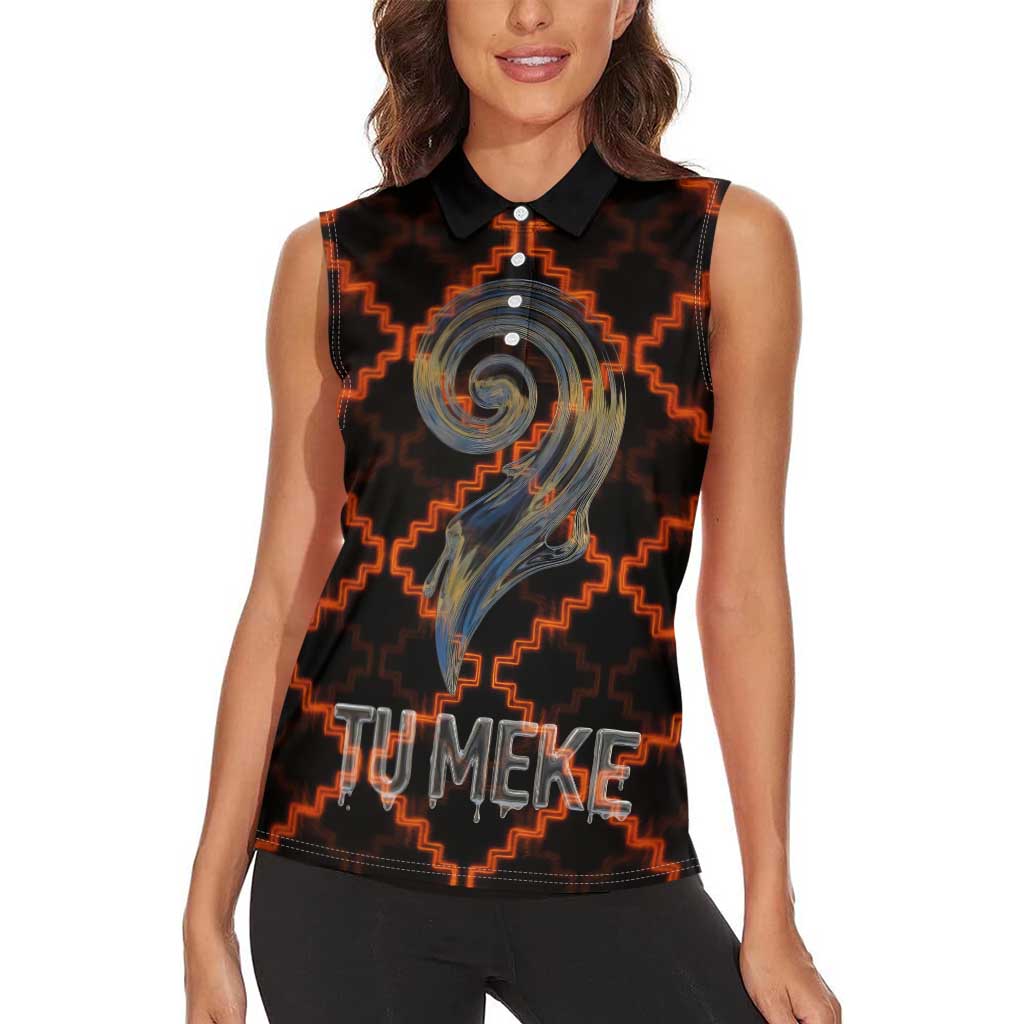 Tu Meke Maori New Zealand Slang Women Sleeveless Polo Shirt with Glow Neon Step Style