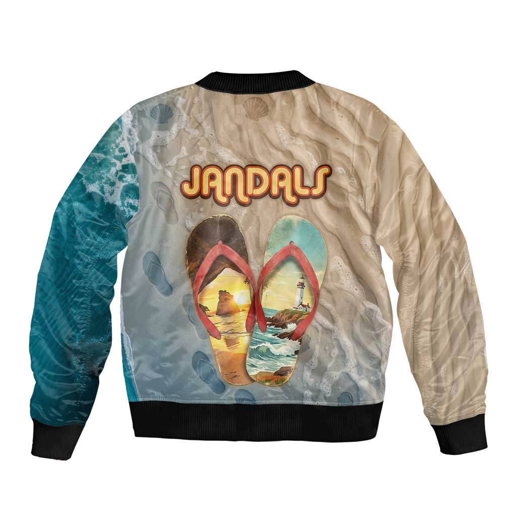 Kiwi Jandal Beach Life Bomber Jacket New Zealand Flip Flops Ocean Wave Surf Style